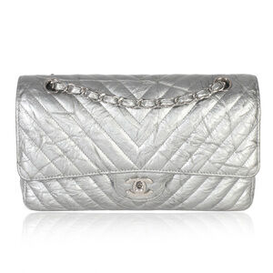 Chanel Silver Metallic Patent Crumpled Calfskin Chevron Medium Double Flap Bag